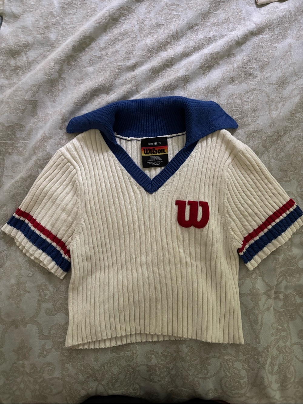 Forever 21 Cream Knit Top with Blue Trim and Multicolor Wilson Label